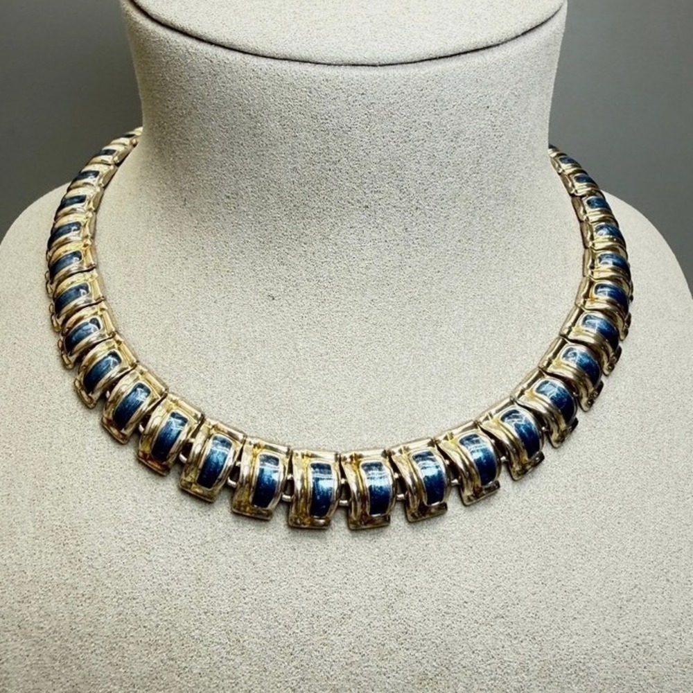 Egyptian Revival Blue Enamel Silver Tone Link Choker Necklace 16"